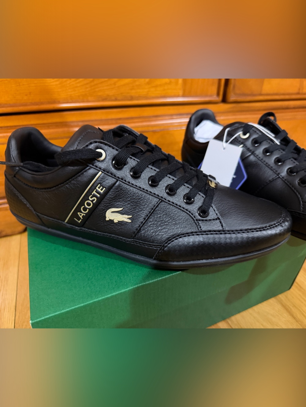 Lacoste Men's Black Leather Sneakers with Gold Accents